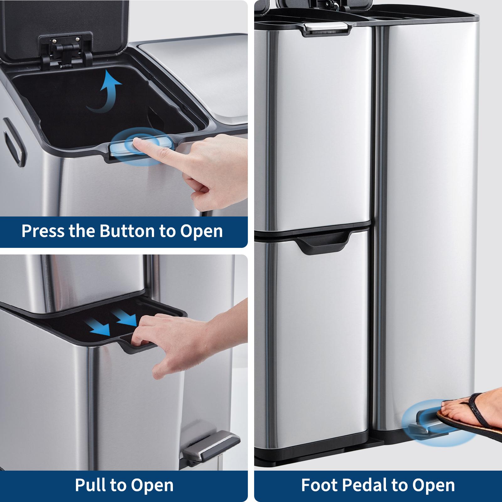 16-Gal Triple-Compartment Stainless Steel Recycling Trash Can with Hands-Free Foot Pedal, Lid, Removable Inner Plastic Buckets, Slide Feature, Large Waste Separator for Kitchen & Office 16-Gal Triple-Compartment Stainless Steel Recycling Trash Can with Hands-Free Foot Pedal, Lid, Removable Inner Plastic Buckets, Slide Feature, Large Waste Separator for Kitchen & Office