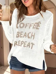 Women's Casual Fashion Letter Crochet Long Sleeve Knitwear Sweater, Pure Color Street Style Beach, Spring Fall Winter Knit Top