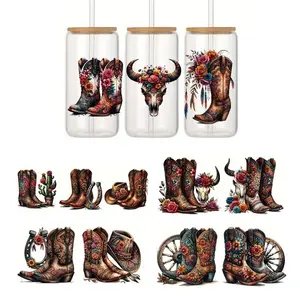 5pcs Western Cowboy Boot & Floral Design UV DTF Transfer Paper，High Adhesive Decor Wraps on Mugs, Vibrant Colors, Durable Paper Material for 16oz Glass Jars，Cute Aesthetic Stickers for Women, Girls, Parties, Cup Accessories