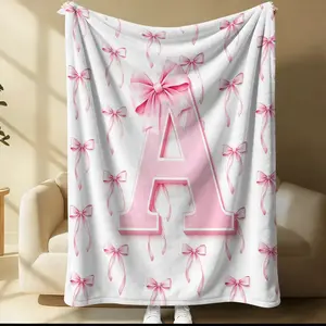Pink Coquette Bow Monogram Letter A Flannel Blanket, Cute Princess Girly Throw Blanket, Ultra Soft Cozy Warm Blanket for Girls Teens Women, Sweet Aesthetic Gift Blanket, Cozy for Couch Bed Sofa Bedroom Dorm