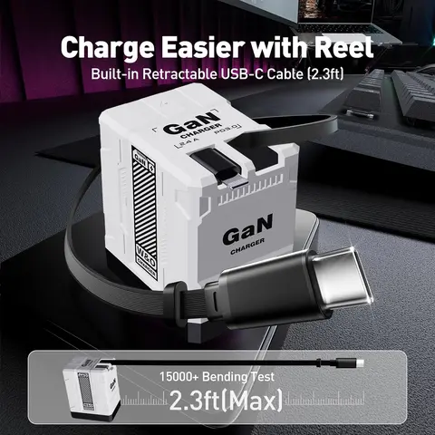 W&O 120W GaN Fast Charging USB-C Charger - Folding Portable, Compact for Bags/Desks, with Retractable USB-C & Lightning Cables for iPhone 16, iPad, MacBook, Smartphone, Cellphone, Mobile Devices, International Travel
