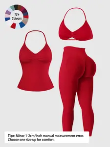 Women's 3-Piece Sporty Set, Sleeveless Backless Bra with Pads, High-Waisted Tight Yoga Pants, Ideal for Gym & Running, Workout Sets