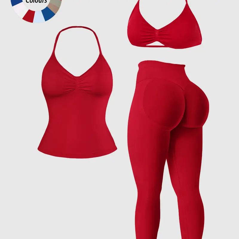 Women's 3-Piece Sporty Set, Sports Wear, Sleeveless Backless Bra with Pads, High-Waisted Tight Yoga Pants, Ideal for Gym & Running