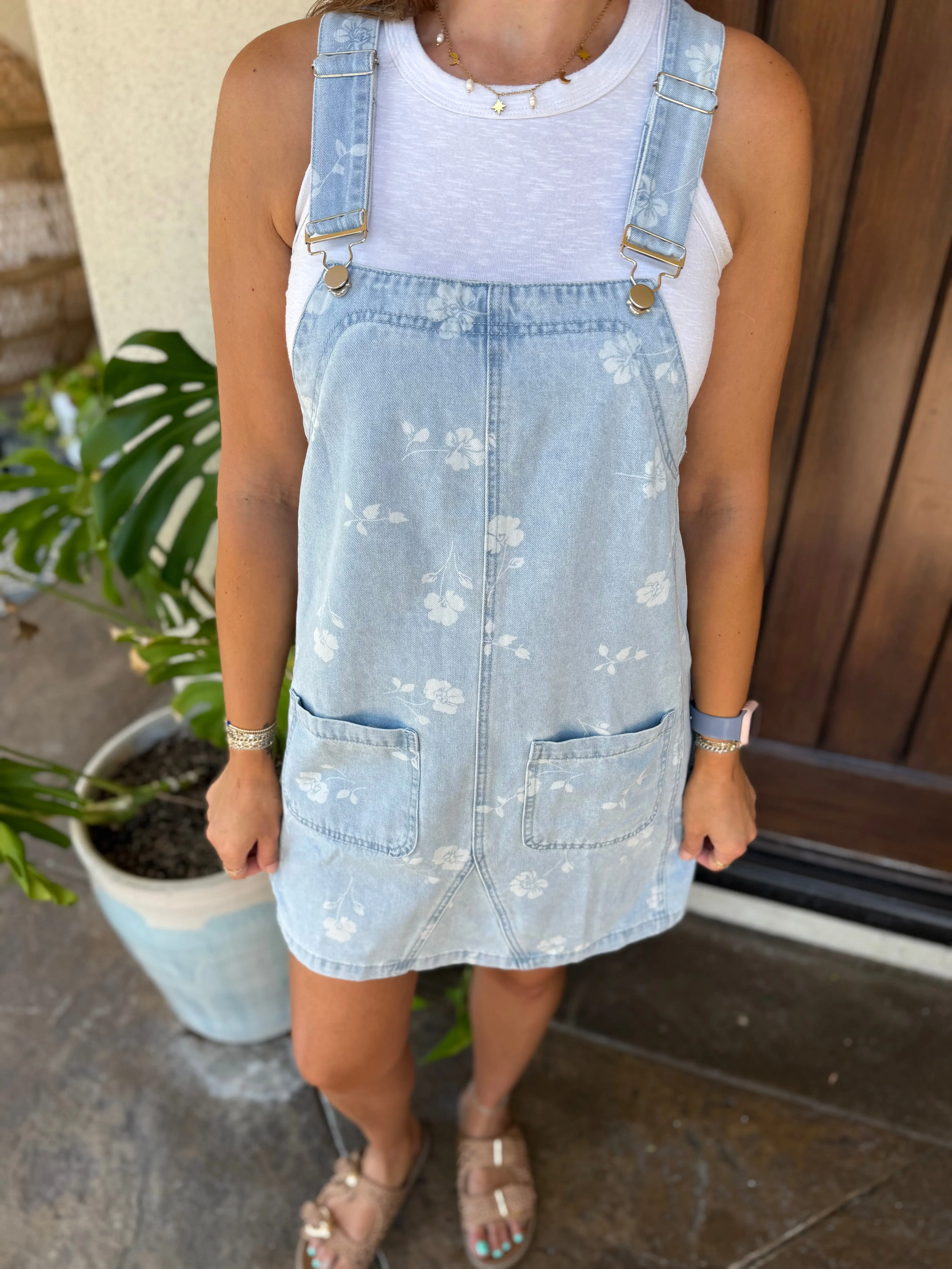 Retro Denim Floral Overall Mini Dress