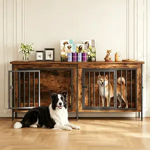 Sweetcrispy Dual Compartment Dog Crate Furniture with Removable Divider - 3-in-1 Multi-Functional Pet Kennel, TV Stand & Side Table, Heavy Duty Farmhouse Design with Double Lock Doors for Small/Medium Dogs