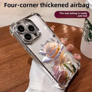 Crystal Clear Rose Phone Case for 15 16 Plus 14 13 12 11 Pro Max, Premium Slim Shockproof Four-corner Airbag Electroplating  Phone Cover for Men and Women