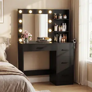 FURMAX Makeup Vanity With Lights,Vanity Desk With Mirror And Power Outlet,Dresser Table With Drawers And Open Shelves