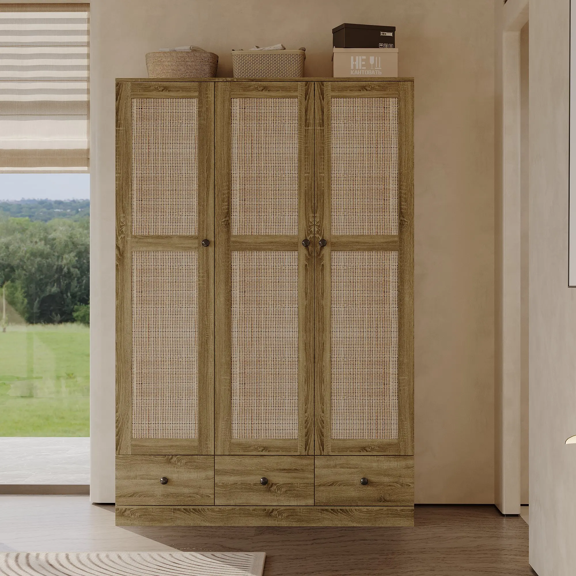 FUFU&GAGA 3 Rattan Door Wood Wardrobe Closet with 3 Drawers, 71" Tall Farmhouse Armoire Clothing Storage Cabinet with Hanging Rod & Adjustable Shelves for Bedroom