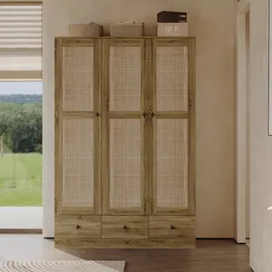 FUFU&GAGA 3 Rattan Door Wood Wardrobe Closet with 3 Drawers, 71" Tall Farmhouse Armoire Clothing Storage Cabinet with Hanging Rod & Adjustable Shelves for Bedroom