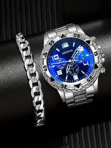 Men's Business Fashion Round Dial Analog Quartz Watch, with Chain Bracelet Set, Fashion Watch Set for Party, Daily Clothing Decor, Trendy All-match & Exquisite Watch Set for Gift, Business Fashion Watches