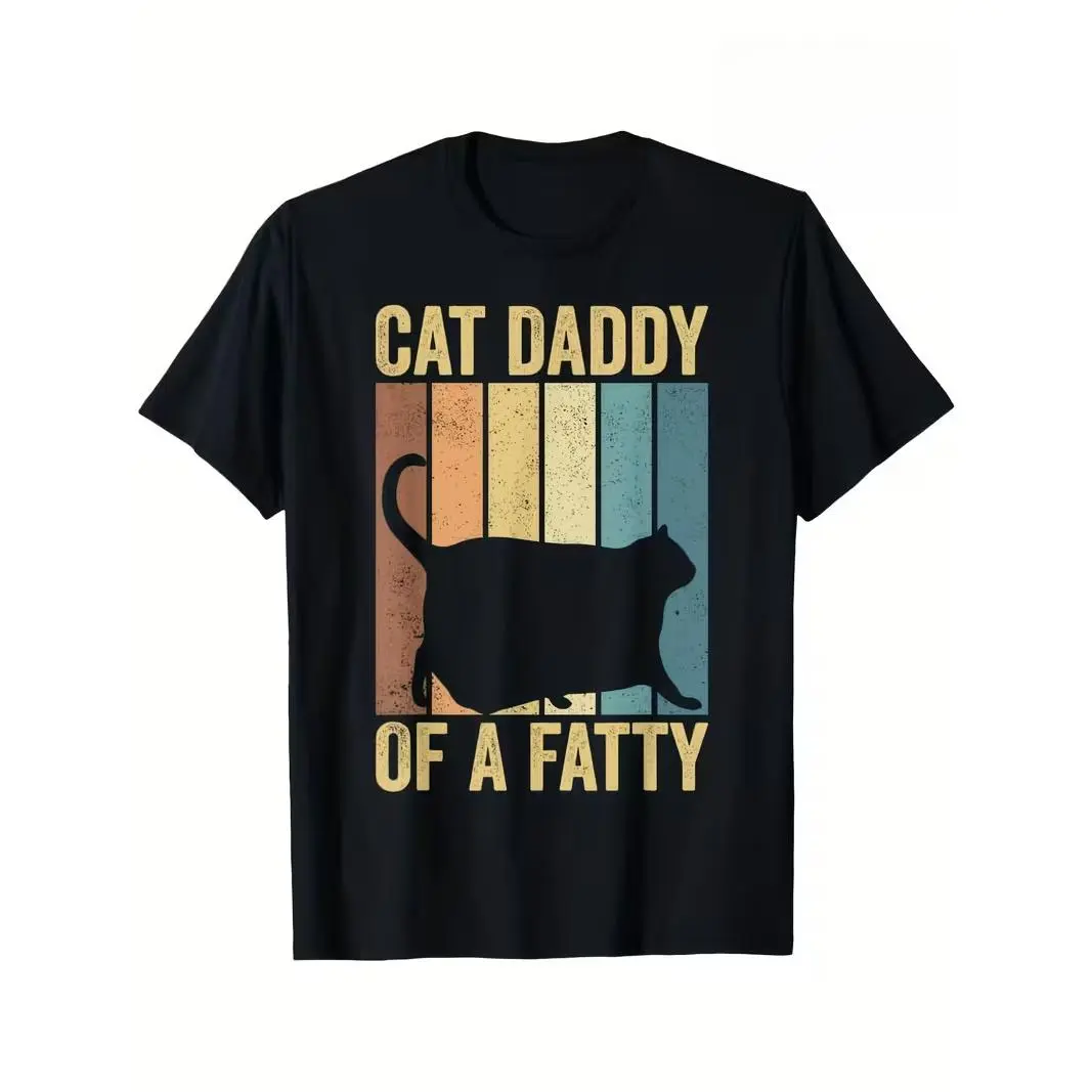 "Cat Daddy Of A Fatty" Retro Sunset Graphic Cotton T-Shirt, Cat Dad Comfort Tee, Vintage Fashion Outfit, Casual Pet Owner Shirt, Father's Day & Birthday Gift For Him