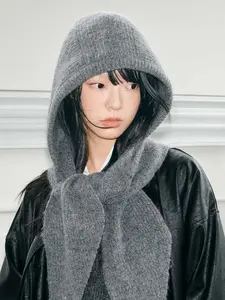 Women's Winter Hood Scarf Hat Set, Warm Ear Protection Head Wrap, Knitted Shawl Large Head Circumference, All-In-One Woolen Cap, Premium Headwear