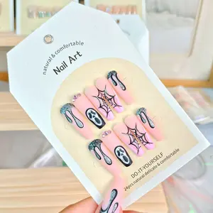 Grim Reaper Skull Press-on Nails Halloween Dark Spider Web Nail Stickers 24 Pieces Mysterious Long Press-on Nails Summer Nails Press on Nails Colorful French Tip False Nails Acrylic Nails for Women