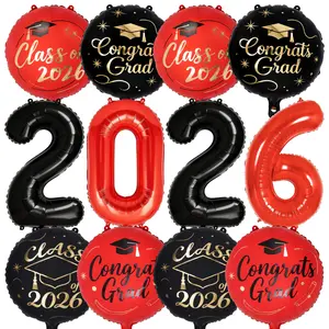 PartyWoo Graduation Balloons Class of 2026 Black Red Gold 12pcs Balloons 40 Inch 2026 Foil Number Balloons 18 Inch Congrats Grad Mylar Balloons for Black Red Graduation Decorations Party Supplies