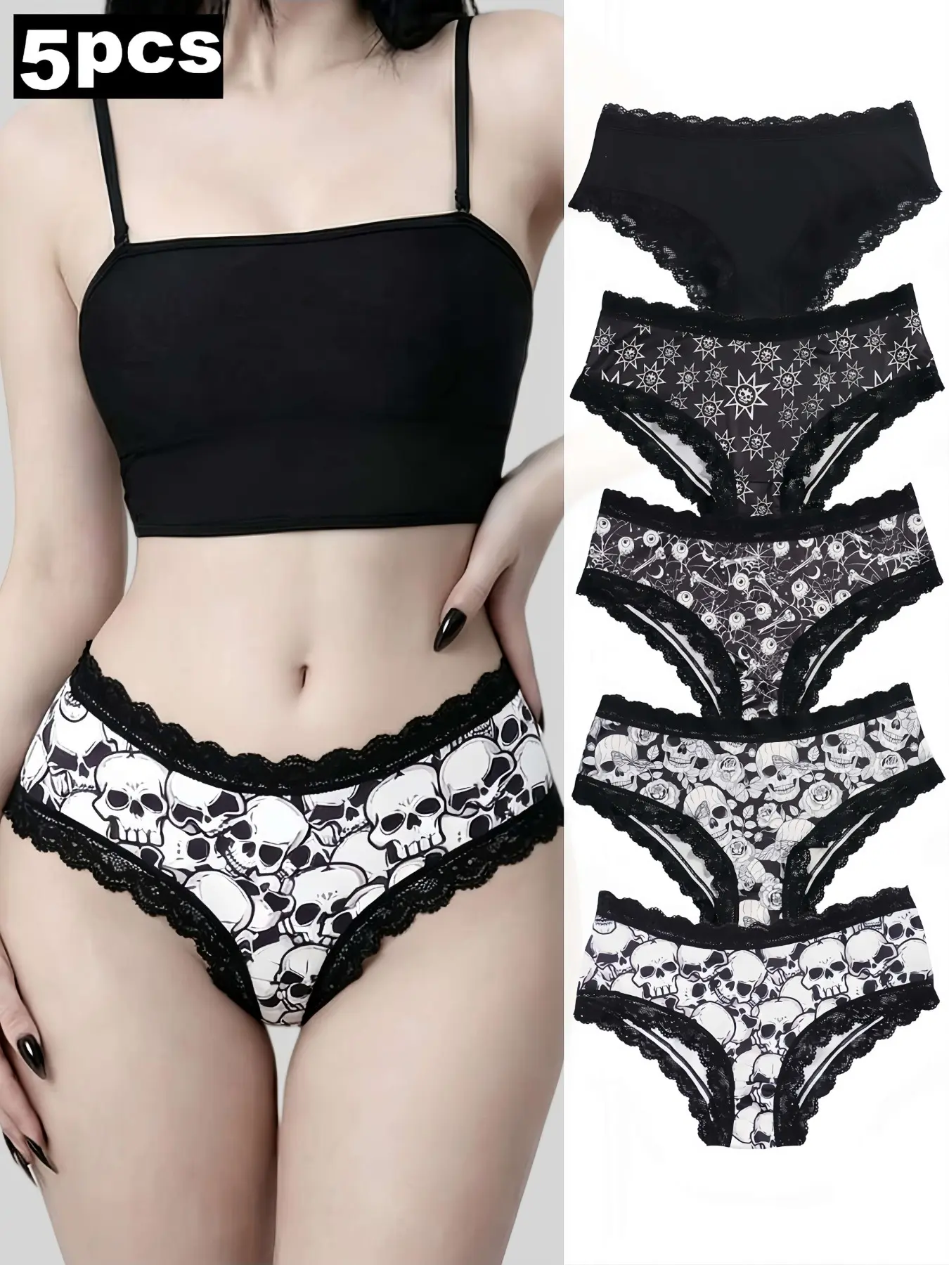 5-Pack Women's Triangle Underwear Set, Printed Underwear, Lace Trim, Gothic Skull Print, Comfortable Casual Lingerie, Halloween Inspiration, Knicker Set, Lace Trim Panty, outfitinspo & baddie & halloween & lingerie & theboys
