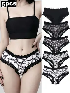 5-Pack Women's Triangle Underwear Set, Printed Underwear, Lace Trim, Gothic Skull Print, Comfortable Casual Lingerie, Halloween Inspiration, Knicker Set, Lace Trim Panty, outfitinspo & baddie & halloween & lingerie & theboys