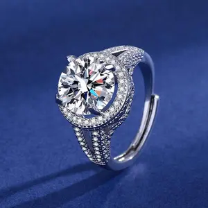 Adjustable S925 Silver 5CT Round Diamond Ring, Four-Prong Full Pave Halo Setting, Elegant & Timeless Womens Jewelry