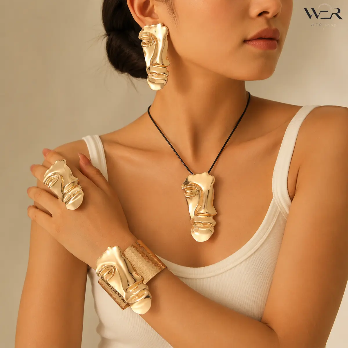 Women's Abstract Face 4-Piece Gold-Tone Costume Jewelry Set - Statement Earrings, Necklace, Bracelet, Ring - Elegant Accessories for Casual Wear, Ideal Jewelry Gift Set, Accessories Set