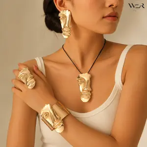 Abstract Face Sculptural Jewelry Set Earrings Necklace Ring Bracelet Gold Tone Statement for Women Girls Daily Wear Gift