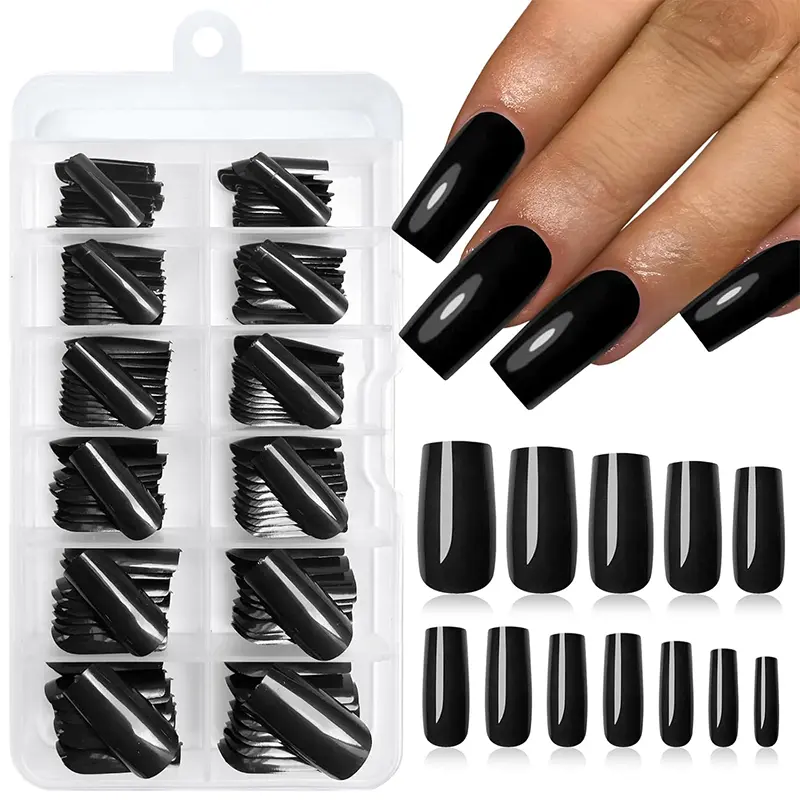 120Pcs Black Press on Nails Medium Square Glossy False Nails Solid Color Fake Nails Full Cover Artificial Reusable Fingernails for Women Girls Finger Decoration Nail Set