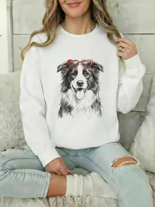 Puppy Love Dog（Border Collie） Sweatshirt –  Dog Breed in Adorable Heart Shaped Glasses   Womenswear Hoodie Breathable Printed Unisex Casual Hoodie