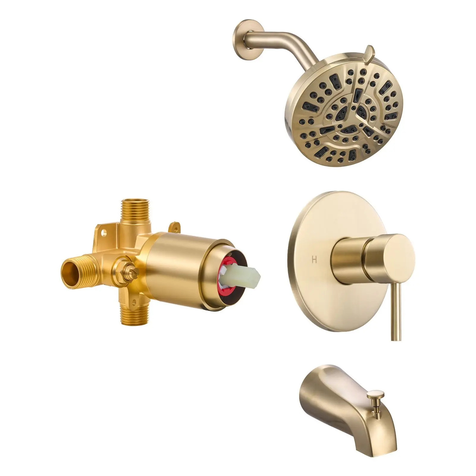 Tub And Shower Faucet Set With 5-Inch Rainfall Shower Head, Bathtub Spout, 8-Setting Adjustable Spray, Single-Handle Tub Trim Kit With Brass Pressure-Balancing Valve, Gold Finish, Easy-Install Wall-Mount Bathroom Faucet