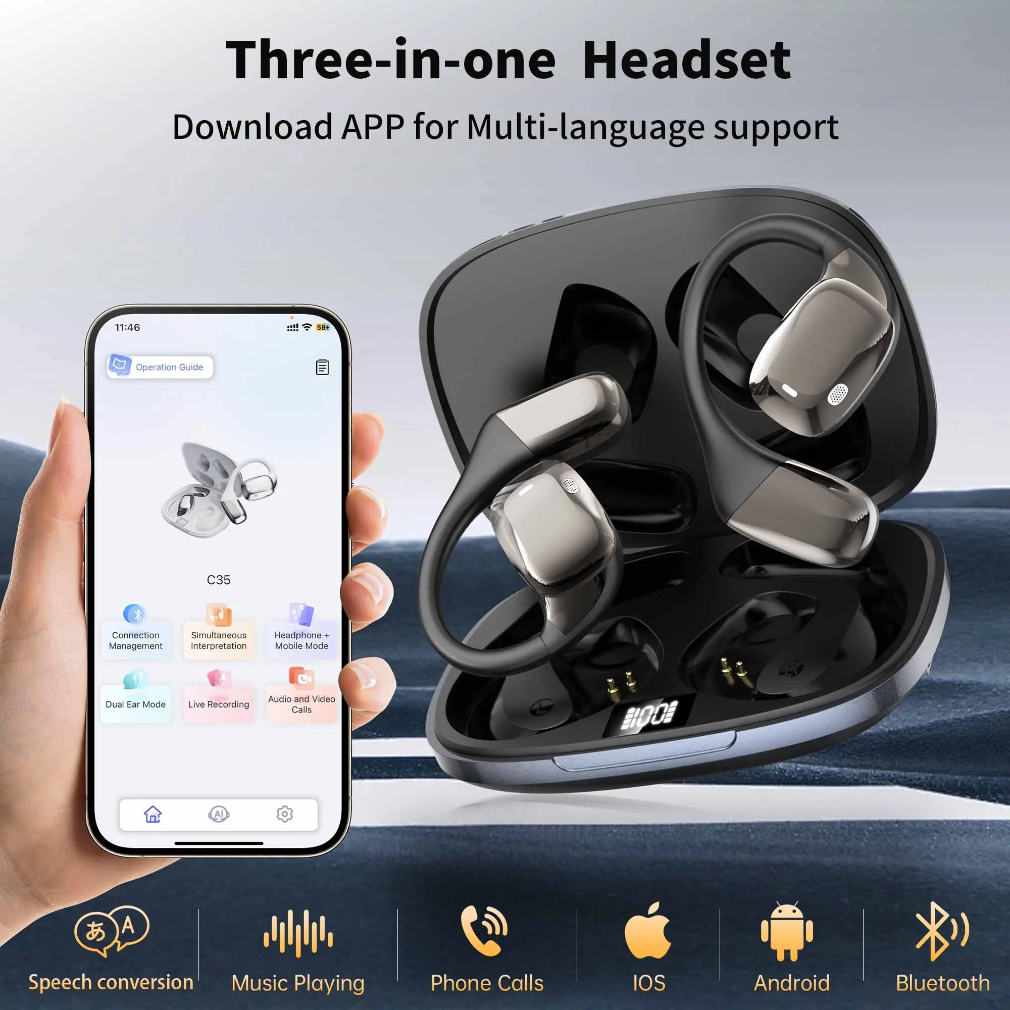 Smart Language Support Wireless Headset with App Bluetooth Headset for Real-Time Communication – iPhone & Android Compatible, Ideal for Travel,Work & Learning for Multi-Modes in APP Earbud Electronic Audio Headphones Gym