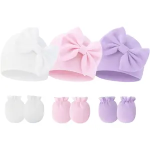 SQ-KCP002 Newborn Baby Hats Mittens Sets Bow Infant Caps Gloves No Scratch Mitten Beanie Set for 0-6 Months Girls