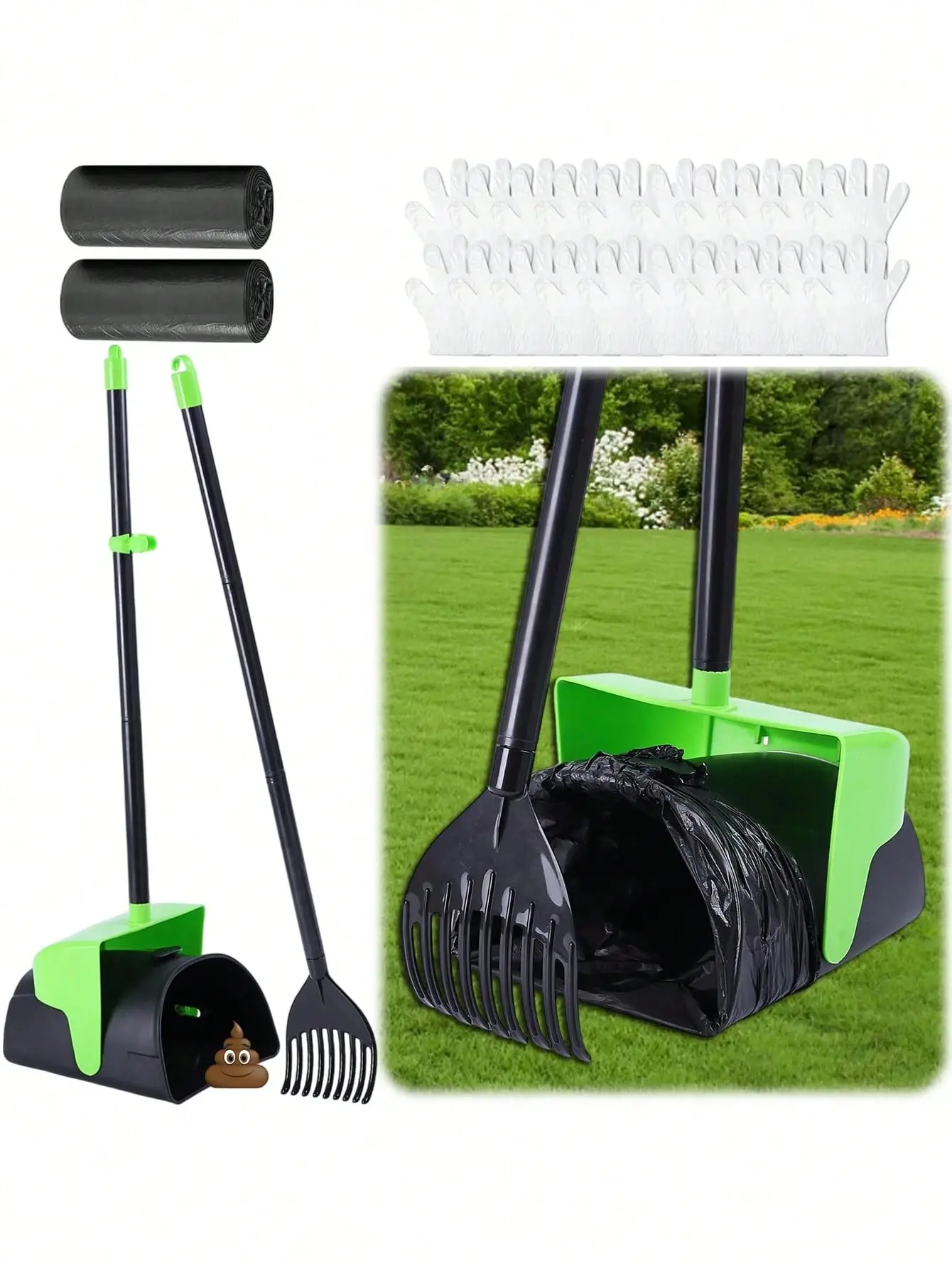 Pooper Scooper Large Swivel Bin & Rake with 100 Gloves & 40 Waste Bags,Heavy Duty Dog Pooper Scooper with Bag Attachment for Dogs, Long Handle Poop Scooper with Lid for Yard, Grass, Gravel