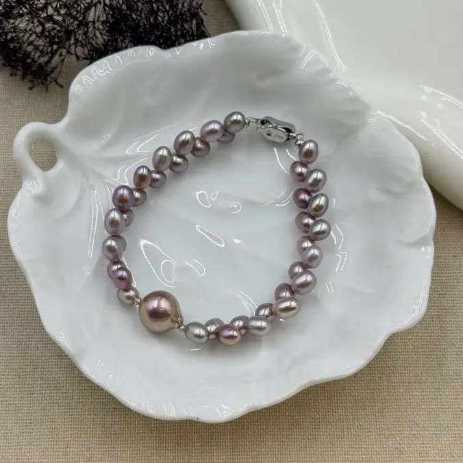 Unique wheat lace pearl bracelet metallic purple s925 clasp