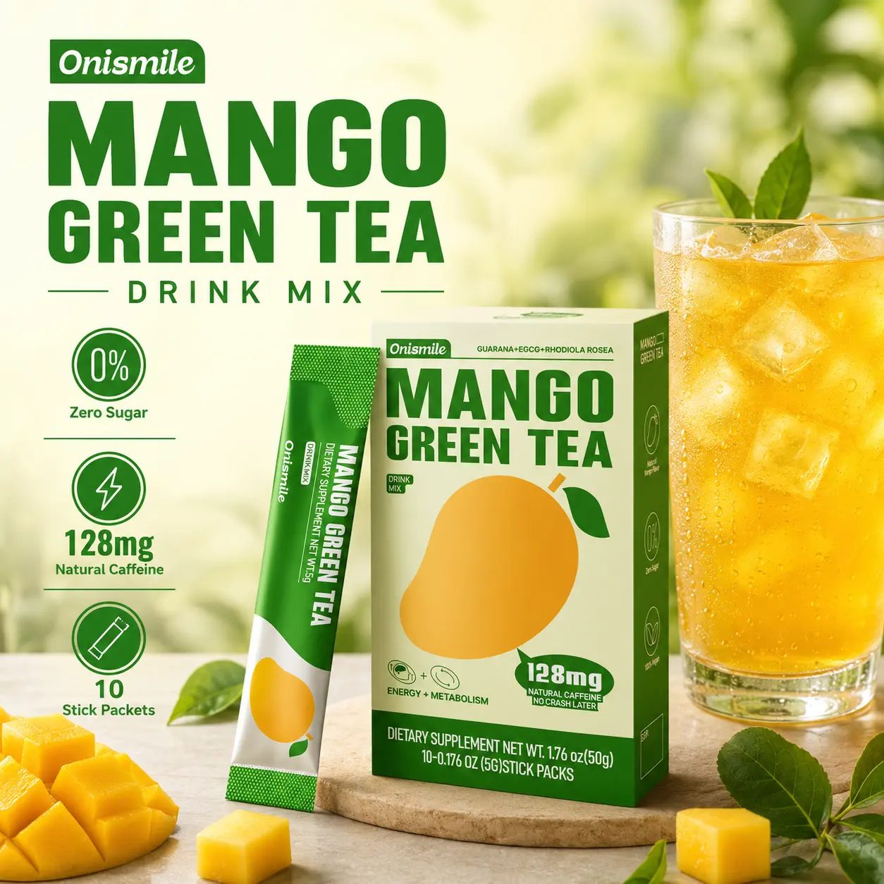 Onismile Mango Green Tea Powder Drink Mix Sticks - Sugar-Free Dietary Caffeinated Powder with 128mg Natural Caffeine, EGCG, Guarana Extract - Vegan, Low-Calorie - Supports Metabolism, Energy for Work & Fitness