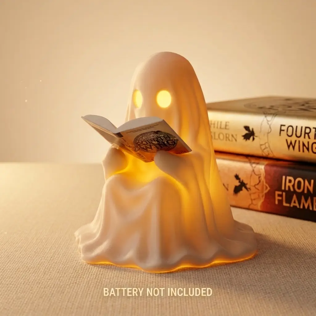 Ghost Reading Empyrean Book Lamp BookTok Gift,  Cute Romantasy Night Light for Fourth Wing  Iron Flame Onyx Storm Fans, Flickering LED  Bookshelf Decor for Reading Nook Library  Bedroom Living Room Dark Academia