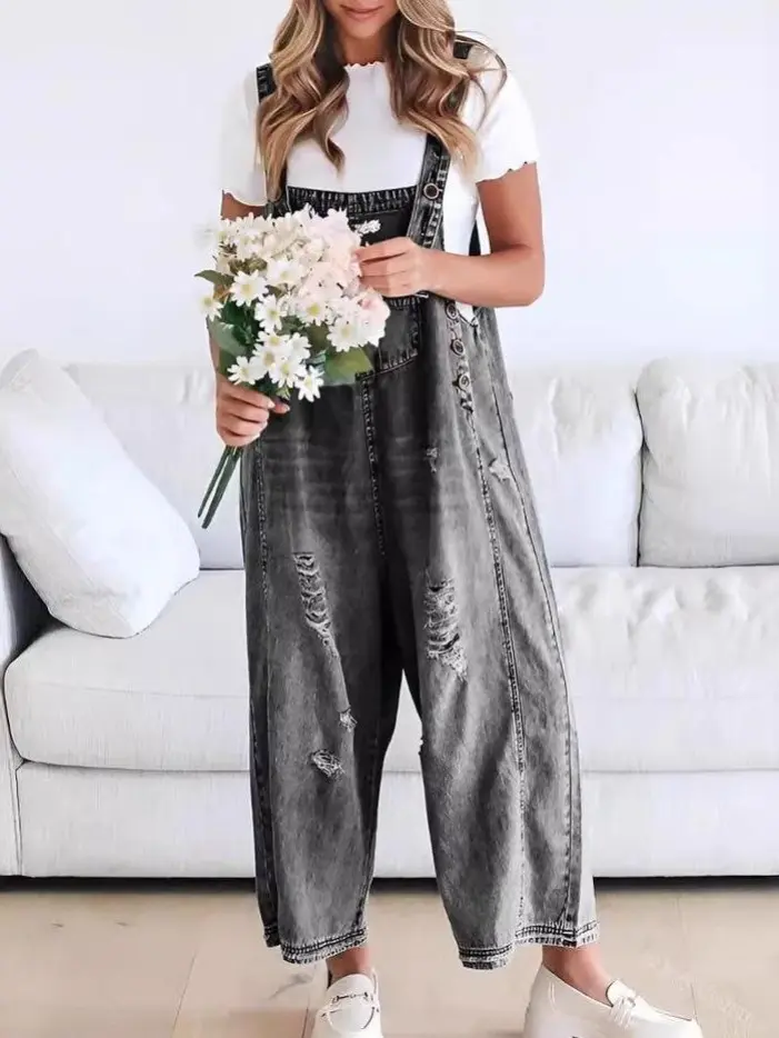 Women's Distressed Ripped Denim Overalls, Loose Strappy Sleeveless Wide Leg Jumpsuit with a Cropped Hem, Distressed Denim, Baggy