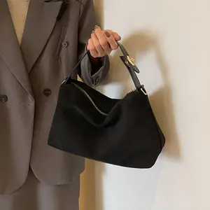 Women's Brown Suede-Like Tote Bag with Leather Trim, Large-Capacity Shoulder Bag Vintage Monogram Hobo