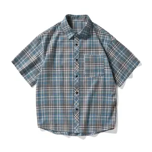 Summer retro plaid casual men’s short-sleeve shirt; short-sleeve shirt jacket; lightweight loose summer shirt with a premium feel