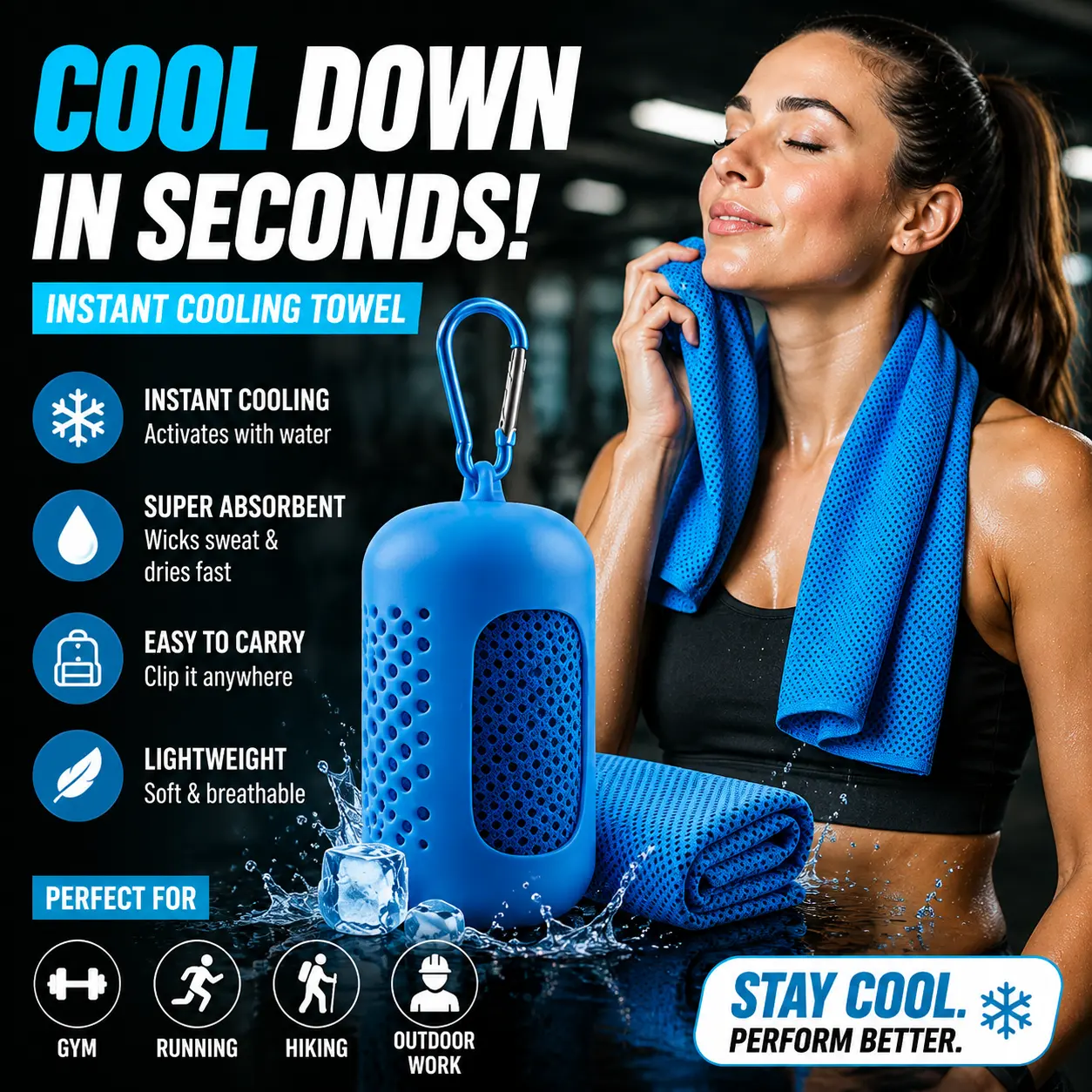 Portable Cooling Gear-Clip-on Cooling Towels , Gym Sweat Towels with Carabiner Clip & Silicone Case, Cooling Neck Wraps, Soft Breathable Microfiber Towels for Yoga, Running, Sport, Workout, Camping, Fitness & More, Gym Bag Essentials