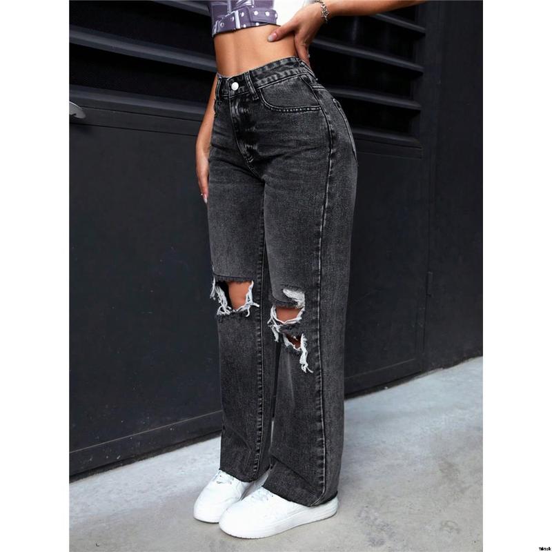 Jeans straight leg ripped washed petite SHEIN