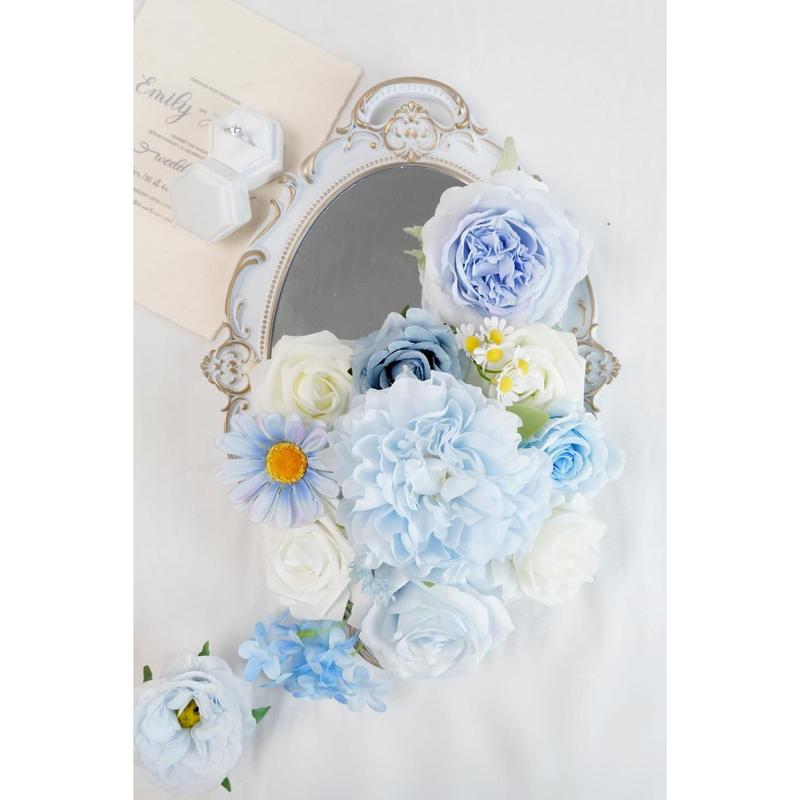 Artificial Flower Combination Box Set Artificial Flower Loose Leaves and Stems DIY Wedding Center Bouquet Bride Wedding  Shower(Fresh Light Blue)