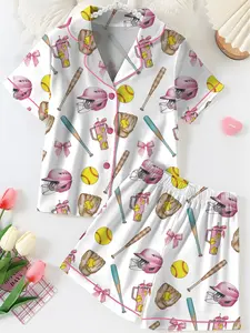 Softball Satin Pajamas Set, Women's White Satin Pajama Set – Softball Print Sleepwear, Sporty Summer Loungewear