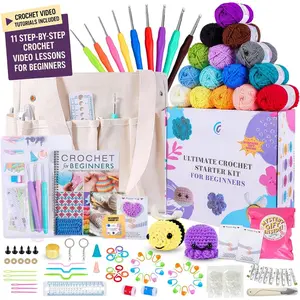 Beginner Crochet Kit - 81 count Starter Set with 15 Colorful Yarns,  Hooks, Complete Supplies, White Tote Bag, Accessories Case, Guide Book & Online Video Lessons