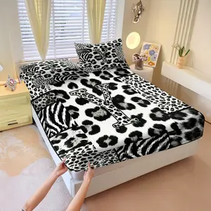 3 Pcs Letter Leopard Print Fitted Sheet Set, Black White Animal Patchwork Bedding, Soft Microfiber Deep Pocket Bed Sheet Set, Modern Monogram Initial Decor for Kids Teens Adults Bedroom
