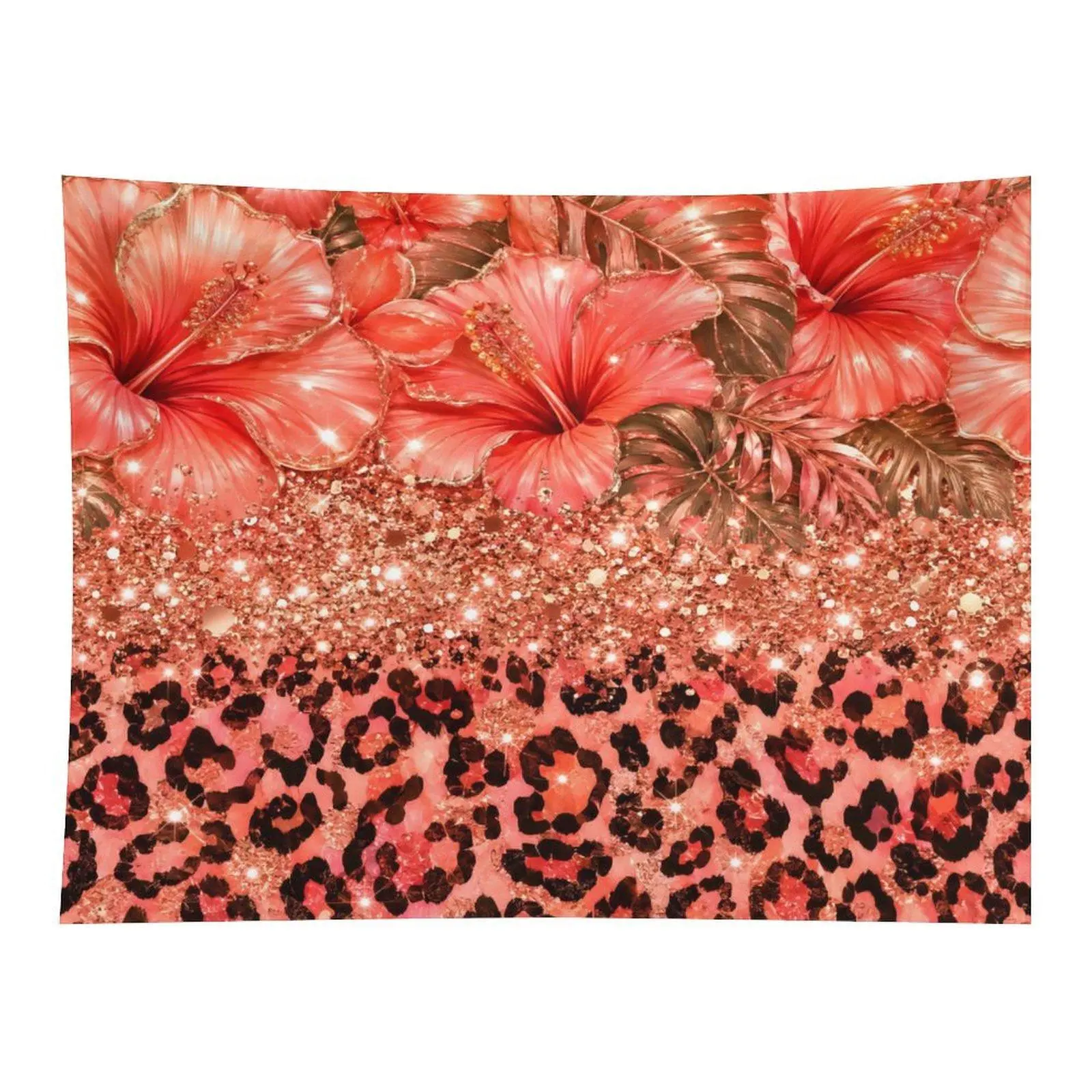 Luxury Rectangular Pink Hibiscus Leopard Print Glitter Sequin Tapestry, Tropical Flower Cheetah Pattern Glam Wall Hanging, Aesthetic Home Decor, Room Decor, Wall Decor