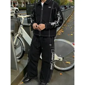 Unisex streetwear style "Saint Tears" letter patchwork Long Sleeve shirt jacket and trendy zip-up trousers set Fitted. Suitable for Casual, streetwear, Y2K style, men's gifts, individualistic outfits, and punk style. Casual Fashion Set