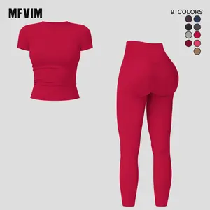 Women’s Solid Color Top & High Waist Leggings Sports Set by MFVIM - Casual, Comfortable, Breathable Two-Piece for Yoga, Gym, Workouts, Running, Ladies’ Gym Sportswear for All Seasons, Yoga Clothing Set