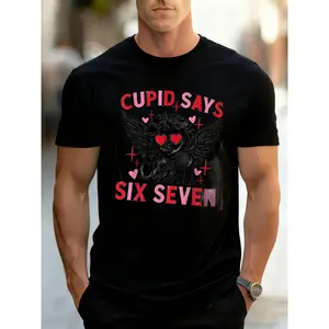 Cupid Says Six Seven Graphic T - Shirt for Men, Dark Cupid with Red Heart Eyes & Wings Design, Red Text with Black Outline, Pink Hearts & Red Starbursts, Casual Crew Neck Cotton Tee for Outdoor Summer