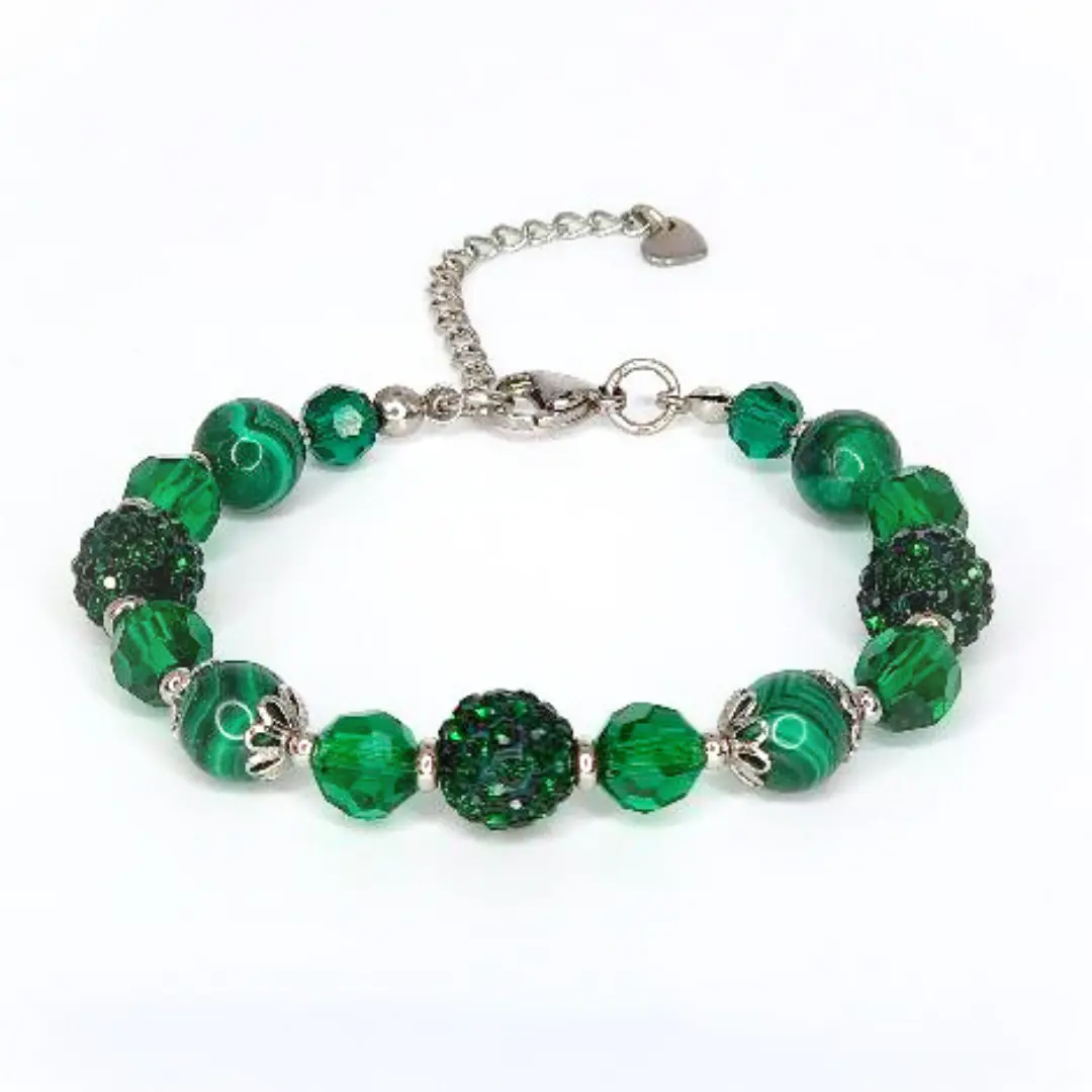 FIMENESS MALACHITE HANDMADE BRACELET NATURAL STONE, FACETED GLASS AND RHINESTONE CLAY BEADS COMBINATION, STAINLESS STEEL, NON-TARNISH JEWELRY