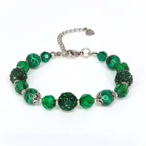 FIMENESS MALACHITE HANDMADE BRACELET NATURAL STONE, FACETED GLASS AND RHINESTONE CLAY BEADS COMBINATION, STAINLESS STEEL, NON-TARNISH JEWELRY