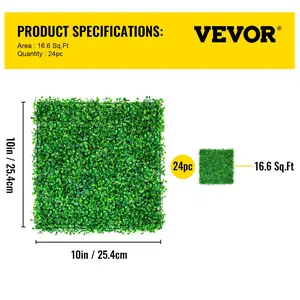 VEVOR Artificial Boxwood Panel UV 24pcs Boxwood Hedge Wall Panels Artificial Grass Backdrop Wall 10\" X 10\" 4 cm Green Grass Wall, Fake Hedge for Decor Privacy Fence Indoor, Outdoor Garden Backyard
