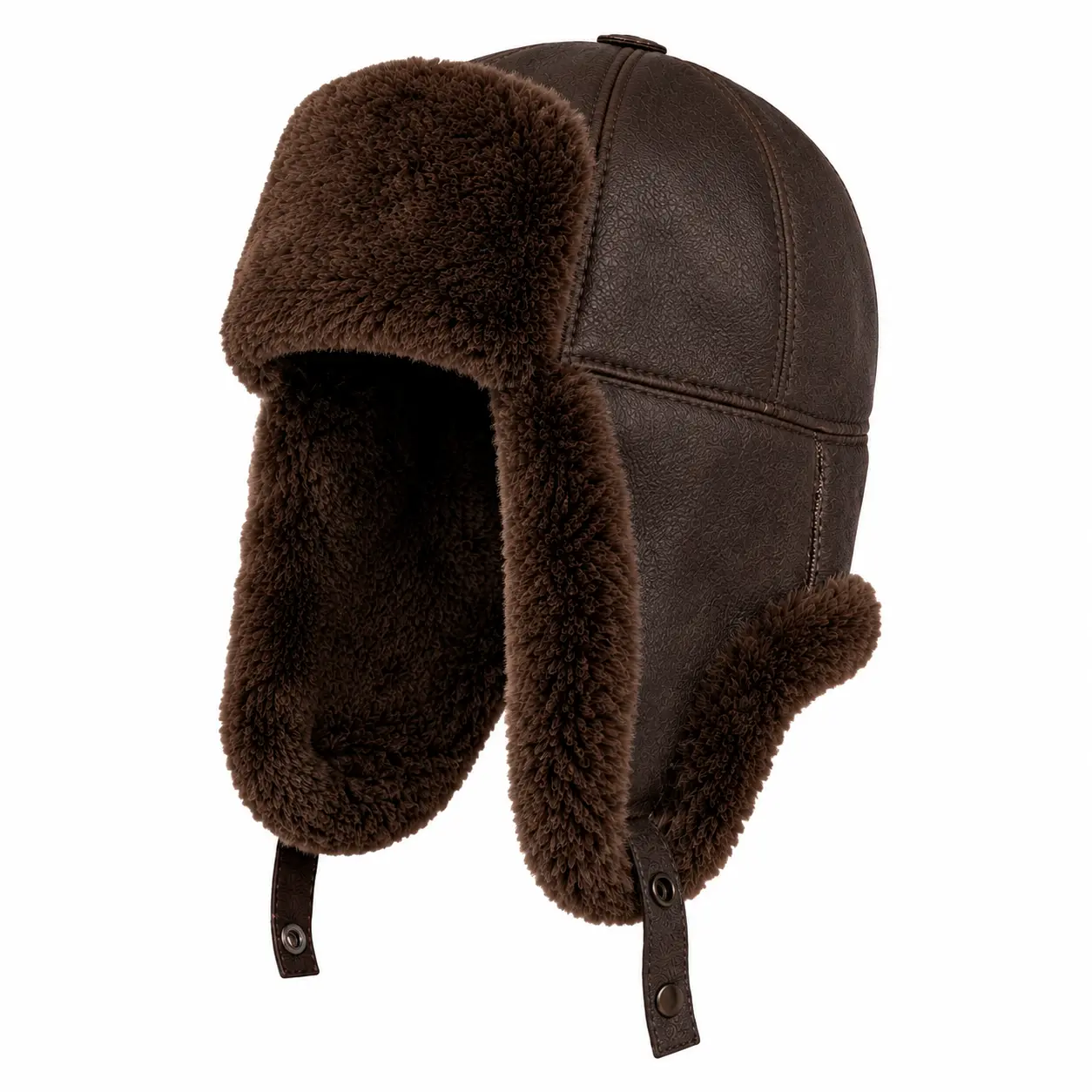 Unisex Solid Adjustable Leather Aviator Russian Ushanka Trapper Hat, Shearling Sheepskin Fur Ear Flaps, Waterproof Winter Fashion Accessory