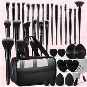 37-Piece Black Makeup Tool Set with Storage Bag, Professional Holiday Makeup Kit Gift for Beginners - 25pcs Premium Synthetic Brushes for Foundation, Powder, Concealer, Eyeshadow & Blush plus Essential Beauty Tools, Professional Makeup Kit fo for Women